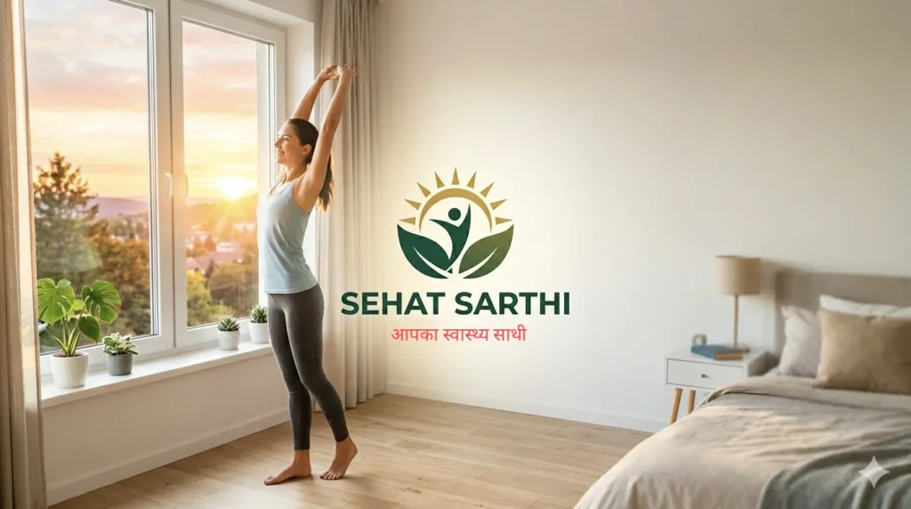 सुबह जल्दी उठता हुआ व्यक्ति, सूर्योदय के समय हेल्दी मॉर्निंग रूटीन और पॉजिटिव लाइफस्टाइल दिखाता हुआ