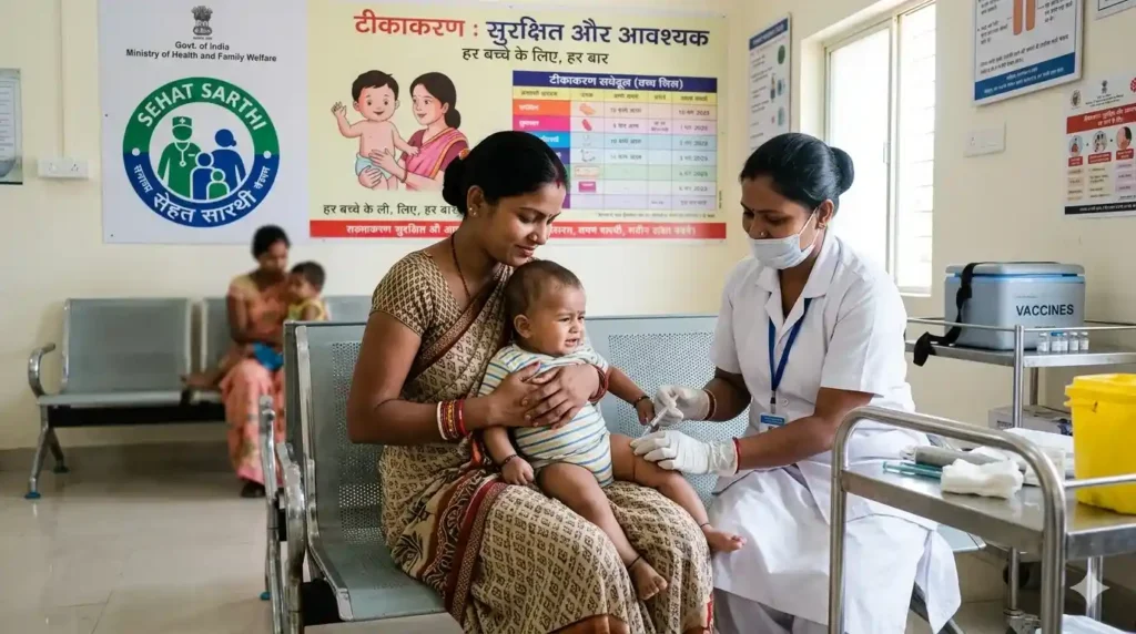 बच्चों के टीकाकरण से जुड़ी सरकारी योजना के तहत सरकारी अस्पताल में बच्चे का टीकाकरण