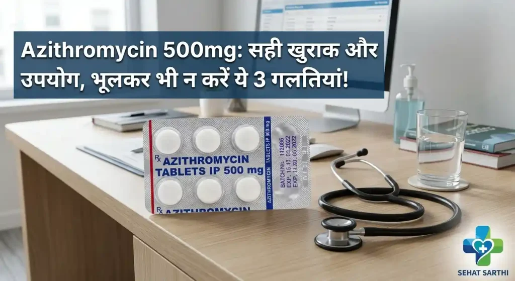 Azithromycin 500mg Tablet resting on clinical desk next to stethoscope and glass of water - Sehat Sarthi