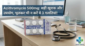 Azithromycin 500mg Tablet resting on clinical desk next to stethoscope and glass of water - Sehat Sarthi