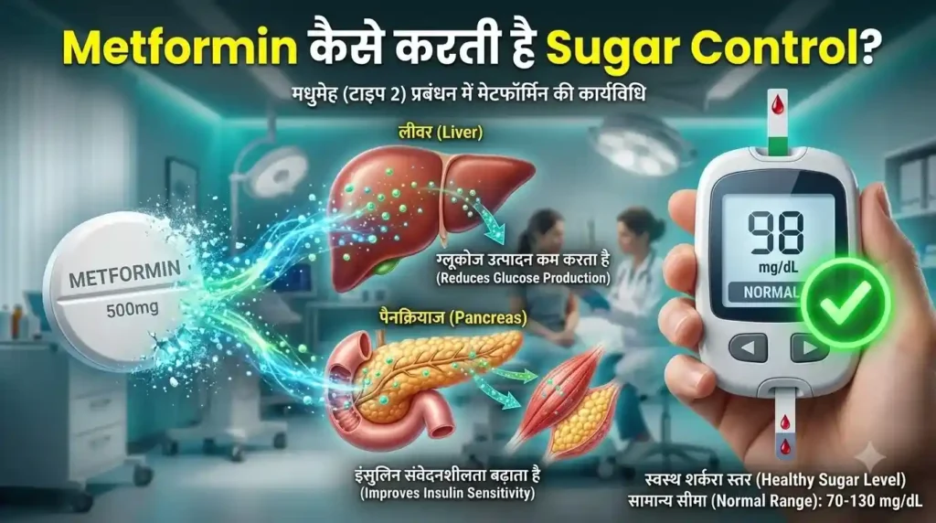 Metformin Tablet se Sugar Kaise Control Hoti Hai - Mechanism Infographic