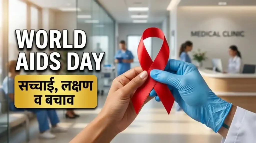 विश्व एड्स दिवस पर एचआईवी एड्स के लक्षण कारण और बचाव की जानकारी दर्शाता लाल रिबन