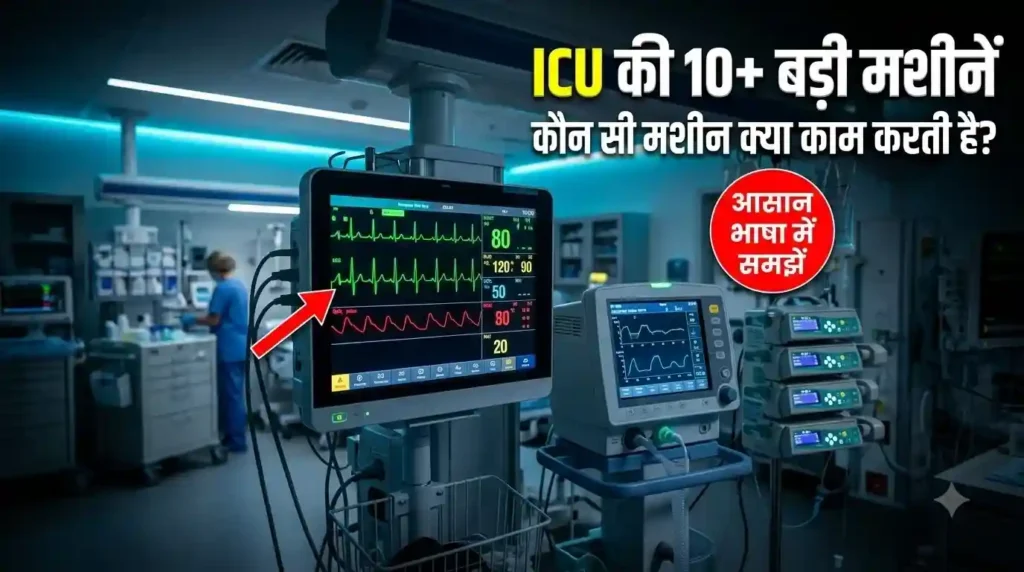 ICU me upyog hone wale upkaran ventilator patient monitor and medical machines in hospital