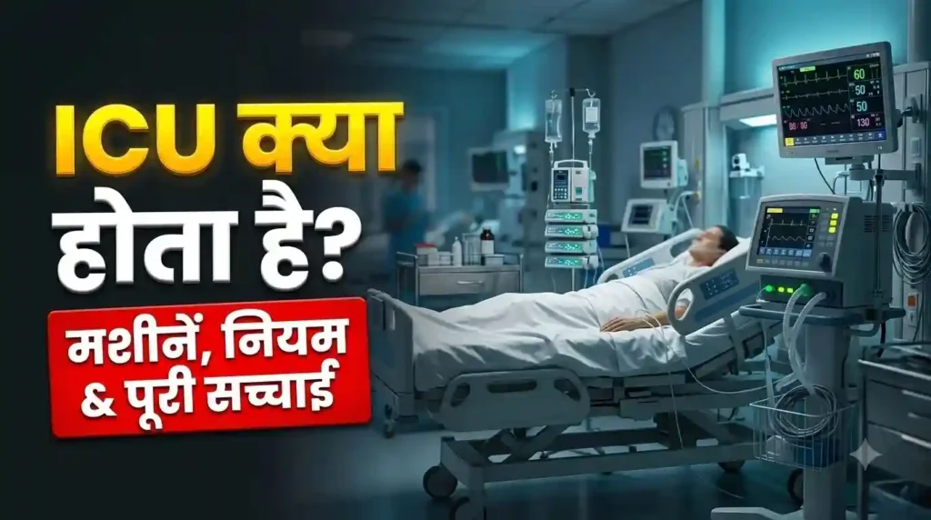 अस्पताल के ICU कमरे में पेशेंट मॉनिटर, वेंटिलेटर और बेड
